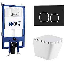 Унитаз подвесной WeltWasser BAMBERG 545+GELBACH 043 MT-WT+BAMBERG BL белый матовый, безободковый, с крышкой микролифт, слив-торнадо, с инсталляцией и черной кнопкой купить в интернет-магазине Sanbest