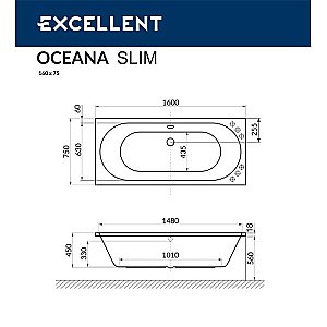 Ванна акриловая Excellent Oceana Slim NANO WAEX.OCE16S.NANO.GL 160х75 белая с гидромассажем купить в интернет-магазине Sanbest