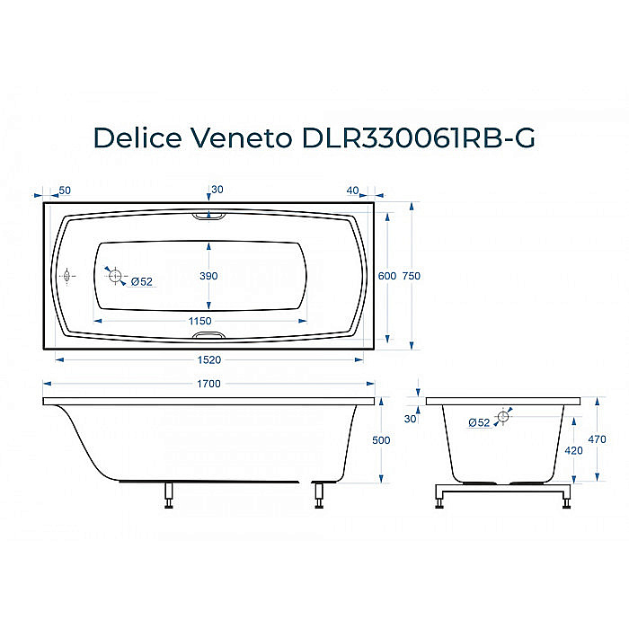 Ванна Delice Veneto DLR330061RB-G 170х75 белая/ручки черные купить в интернет-магазине Sanbest