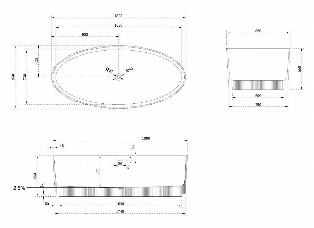 Ванна из искусственного камня ABBER Stein AS9627 180х85 белая матовая купить в интернет-магазине Sanbest