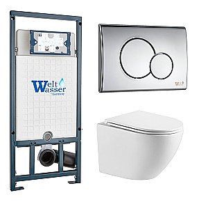 Унитаз подвесной WeltWasser MARBERG 507 + MERZBACH 043 GL-WT + MAR 507 RD белый глянцевый, безободковый, с крышкой микролифт, слив-торнадо, с инсталляцией и кнопкой хром купить в интернет-магазине Sanbest