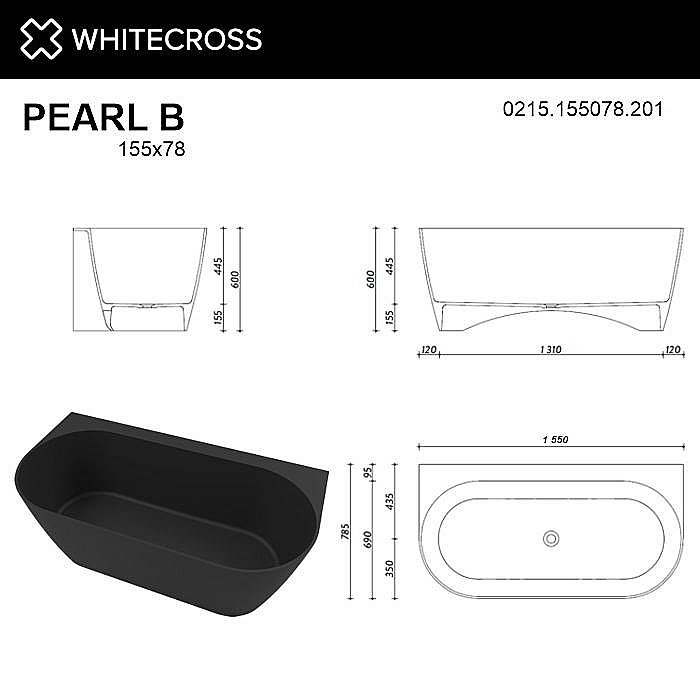 Ванна из искусственного камня WhiteCross Pearl B 155x78 черный матовый купить в интернет-магазине Sanbest