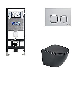 Унитаз подвесной WeltWasser AMBERG 506 + HEIMBACH 043 MT-BL + AMBERG RD-WT черный матовый, безободковый, с крышкой микролифт, слив-торнадо, с инсталляцией и белой кнопкой купить в интернет-магазине Sanbest