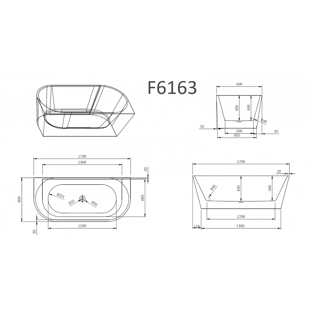 Ванна Frank 170х80 F6163 White+Black купить в интернет-магазине Sanbest