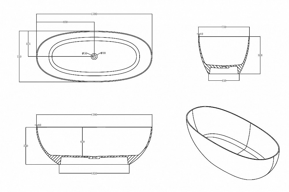Ванна отдельностоящая Abber KRISTALL AT9703Opal 170х75 коричневая купить в интернет-магазине Sanbest