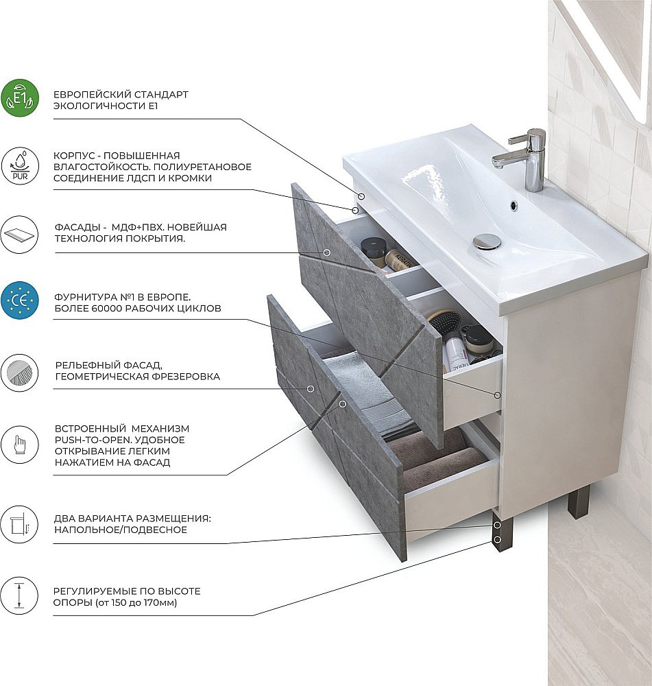 Тумба с раковиной Vigo Geometry 2-600 бетон для ванной в интернет-магазине Sanbest