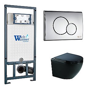 Унитаз подвесной WeltWasser MARBERG 507+MERZBACH 041 XL MT-BL+MAR 507 RD черный матовый, безободковый, с крышкой микролифт, слив-торнадо, с инсталляцией и кнопкой хром купить в интернет-магазине Sanbest