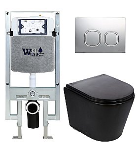 Унитаз подвесной WeltWasser AMBERG 497 ST + SALZBACH 043 MT-BL + AMBERG RD-MT CR черный матовый, безободковый, с крышкой микролифт, слив торнадо, с инсталляцией и кнопкой хром матовый купить в интернет-магазине Sanbest