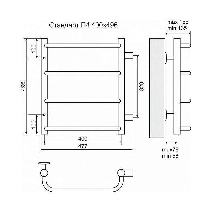 Полотенцесушитель водяной Terminus Стандарт П4 400x496 с боковым подключением 320 купить в интернет-магазине сантехники Sanbest