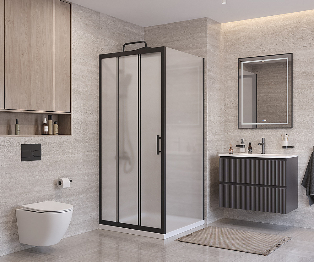 Душевой уголок BelBagno UNO-195-AF-31-90-P-NERO стекло матовое/профиль черный купить в интернет-магазине Sanbest