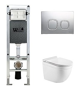 Унитаз подвесной WeltWasser AMBERG 350 ST + HEIMBACH 043 GL-WT + AMBERG RD-CR белый глянцевый, безободковый, с крышкой микролифт, слив-торнадо, с инсталляцией и кнопкой хром глянцевый купить в интернет-магазине Sanbest