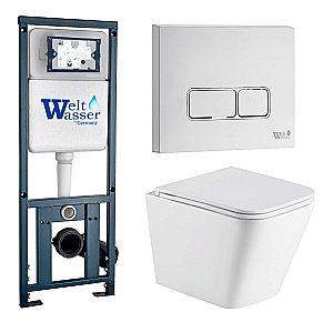 Унитаз подвесной WeltWasser MARBERG 410 + GELBACH 043 GL-WT + MAR 410 SE GL-WT белый глянцевый, безободковый, с крышкой микролифт, слив-торнадо, с инсталляцией и белой глянцевой кнопкой купить в интернет-магазине Sanbest