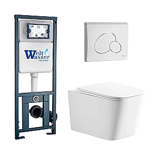 Унитаз подвесной с инсталляцией WeltWasser MARBERG 410 + GUDZON 520 WT + MAR 410 RD GL-WT безободковый, смыв торнадо, с крышкой микролифт, белый/кнопка белая купить в интернет-магазине Sanbest