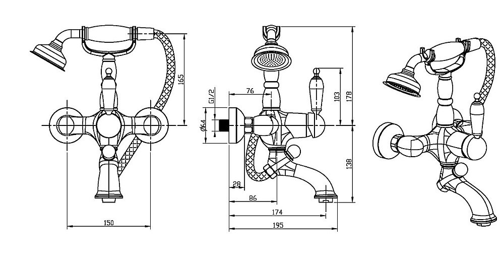 Смеситель для ванны Boheme Brilliante Ripresa 343 купить в интернет-магазине сантехники Sanbest