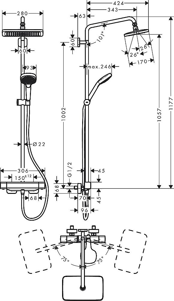 Душевая система Hansgrohe Croma E Showerpipe 280 1jet 27630000 купить в интернет-магазине сантехники Sanbest