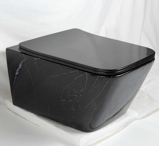 Унитаз подвесной CeramaLux 2215BW черный мрамор, безободковый, с крышкой микролифт купить в интернет-магазине Sanbest