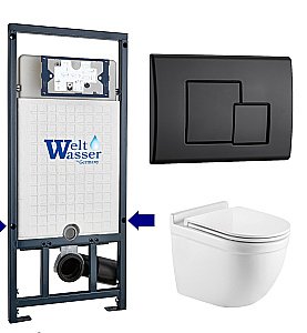 Унитаз подвесной WeltWasser MARBERG 507 + HEIMBACH 043 GL-WT + MAR 507 SE MT-BL белый глянцевый, безободковый, с крышкой микролифт, слив-торнадо, с инсталляцией и черной матовой кнопкой купить в интернет-магазине Sanbest