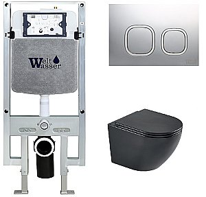 Унитаз подвесной WeltWasser AMBERG 497 ST + HEIMBACH 043 MT-BL + AMBERG RD-MT CR черный матовый, безободковый, с крышкой микролифт, слив-торнадо, с инсталляцией и кнопкой хром матовый купить в интернет-магазине Sanbest