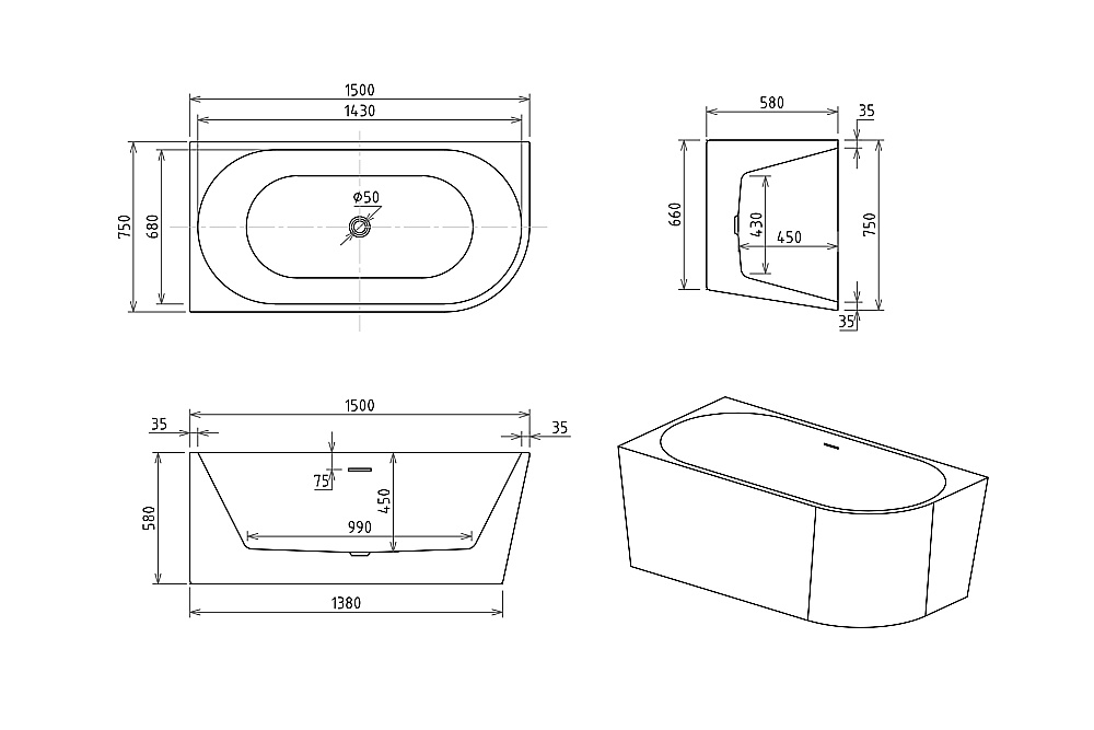 Акриловая ванна Royal Bath RIVA RB610310-GD 150х75 белый купить в интернет-магазине Sanbest