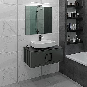 Тумба с раковиной LA FENICE Cubo Grigio 90 серая, столешница черная/ручка черная для ванной в интернет-магазине Sanbest
