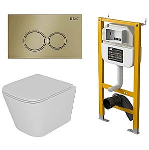 Унитаз подвесной с инсталляцией D&K Berlin DS1431633 белый/кнопка золото матовое, безободковый, с крышкой микролифт, слив торнадо купить в интернет-магазине Sanbest