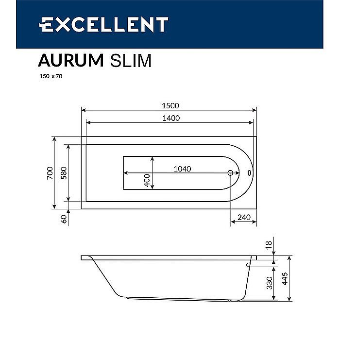 Гидромассажная ванна Excellent Aurum Slim HYDRO+ 150x70 форсунки хром купить в интернет-магазине Sanbest