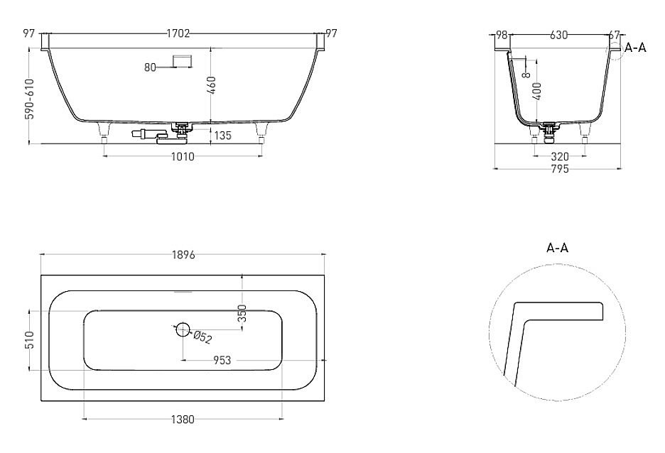 Ванна Salini Orlanda AXIS KIT S-Stone 190x80 103321MF RAL матовая купить в интернет-магазине Sanbest