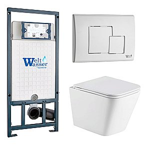 Унитаз подвесной WeltWasser MARBERG 507 + GELBACH 043 GL-WT + MAR 507 SE GL-WT белый глянцевый, безободковый, с крышкой микролифт, слив-торнадо, с инсталляцией и белой глянцевой кнопкой купить в интернет-магазине Sanbest