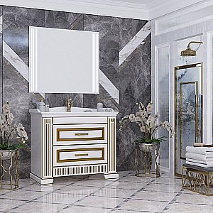 Тумба с раковиной Опадирис Оникс 100 белая глянцевая с золотой патиной для ванной в интернет-магазине Sanbest