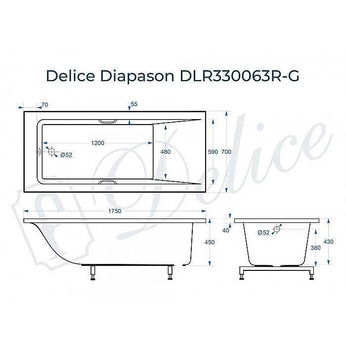 Ванна Delice Diapason DLR330063R-G 175х70 белая/ручки хром купить в интернет-магазине Sanbest