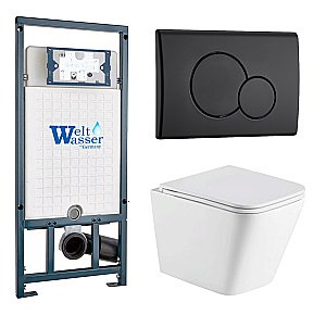Унитаз подвесной WeltWasser MARBERG 507 + GELBACH 043 GL-WT + MAR 507 RD MT-BL белый глянцевый, безободковый, с крышкой микролифт, слив-торнадо, с инсталляцией и черной матовой кнопкой купить в интернет-магазине Sanbest