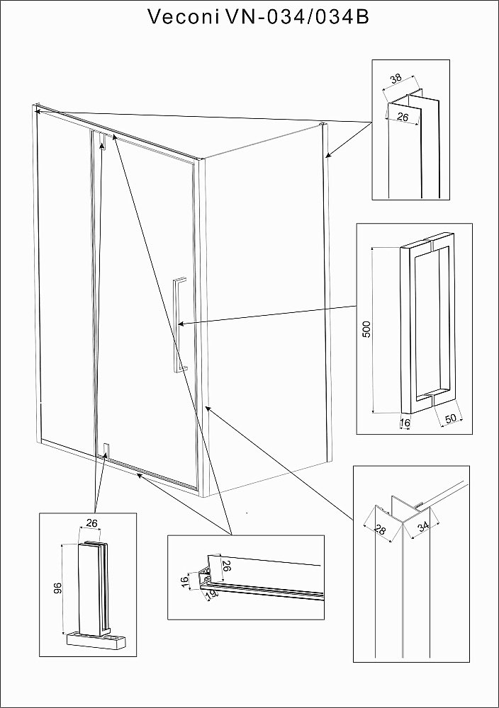 Душевой уголок Veconi Rovigo RV034R-100100-06-C7 100х100 стекло рифленое/профиль хром купить в интернет-магазине Sanbest