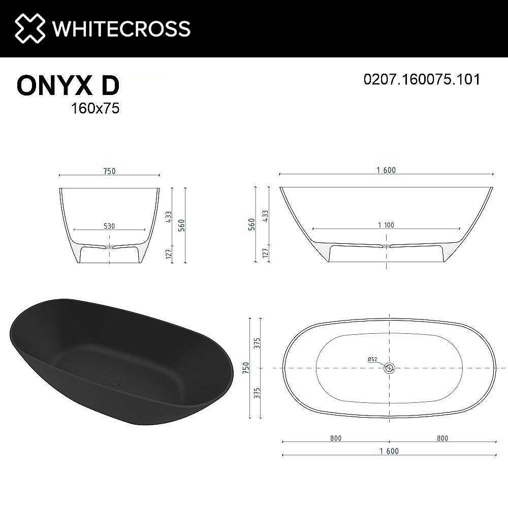 Ванна из искусственного камня WhiteCross Onyx D 160x75 черный глянец купить в интернет-магазине Sanbest