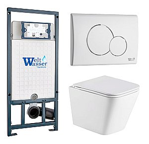 Унитаз подвесной WeltWasser MARBERG 507 + GELBACH 043 GL-WT + MAR 507 RD GL-WT белый глянцевый, безободковый, с крышкой микролифт, слив-торнадо, с инсталляцией и белой глянцевой кнопкой купить в интернет-магазине Sanbest