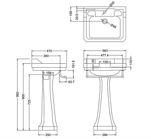 Раковина с пьедесталом Burlington Edwardian B4 3TH 96 с полотенцедержателем купить в интернет-магазине Sanbest