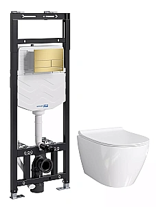 Унитаз подвесной WasserKRAFT Mindel 15TLT.010.ME.MG04.H002 безободковый, с инсталляцией Alme 15, с крышкой микролифт, белый/кнопка золото матовое купить в интернет-магазине Sanbest