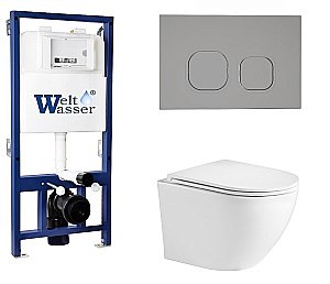 Унитаз подвесной WeltWasser BAMBERG 525+MERZBACH 043 GL-WT+BAMBERG CR белый глянцевый, безободковый, с крышкой микролифт, слив-торнадо, с инсталляцией и кнопкой хром купить в интернет-магазине Sanbest