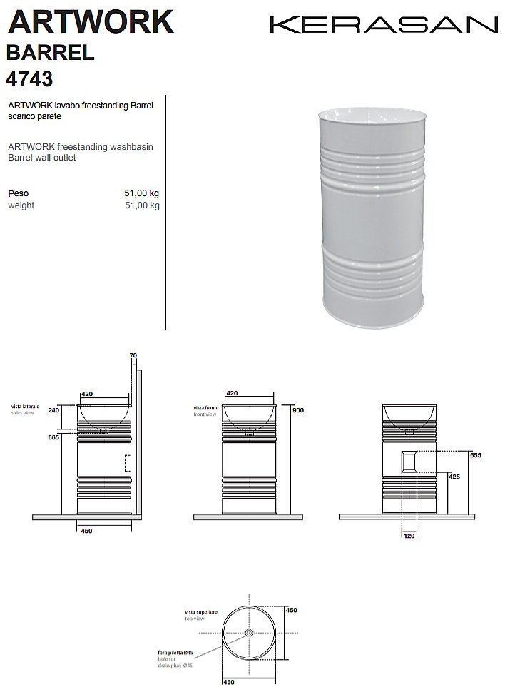 Раковина напольная Kerasan Artwork Barrel 45 474383 под ржавчину купить в интернет-магазине Sanbest