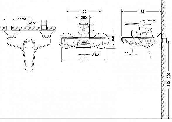 Смеситель для ванны Bravat LINE F65299C-1 купить в интернет-магазине сантехники Sanbest