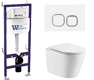 Унитаз подвесной WeltWasser BAMBERG 460+SALZBACH 043 GL-WT+BAMBERG WT белый глянцевый, безободковый, с крышкой микролифт, слив торнадо, с инсталляцией и белой кнопкой купить в интернет-магазине Sanbest