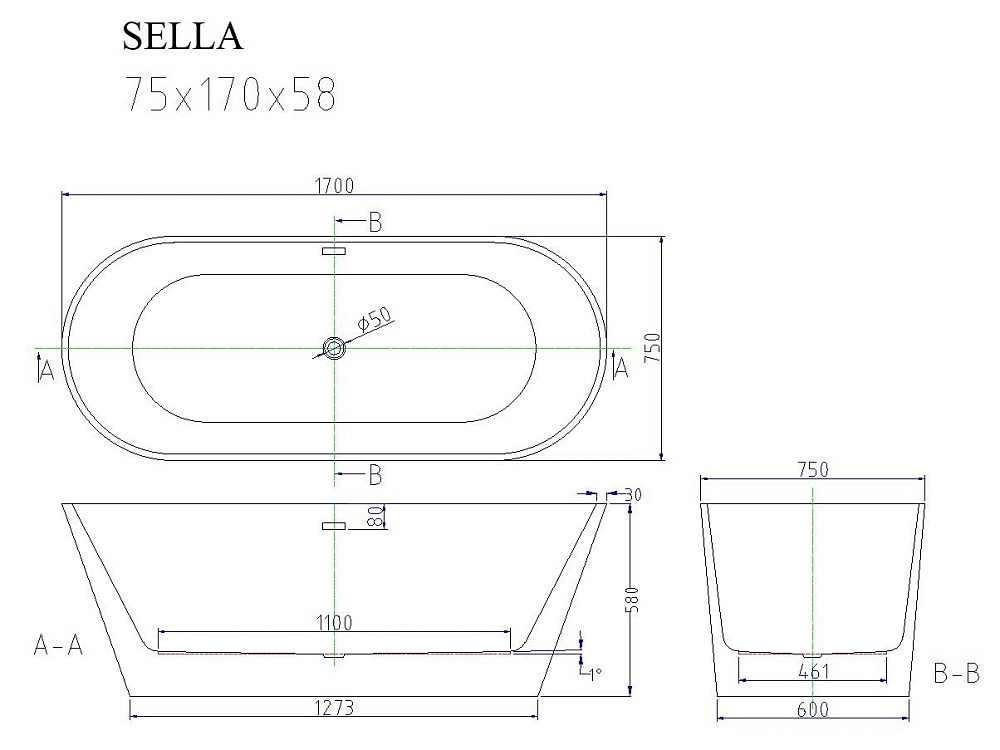 Ванна CeruttiSpa SELLA CT9040 170x75 купить в интернет-магазине Sanbest