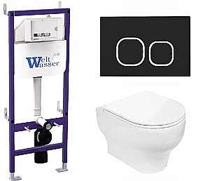 Унитаз подвесной WeltWasser BAMBERG 460+ERLENBACH 004 GL-WT+BAMBERG BL белый глянцевый, безободковый, с крышкой микролифт, с инсталляцией и черной кнопкой купить в интернет-магазине Sanbest