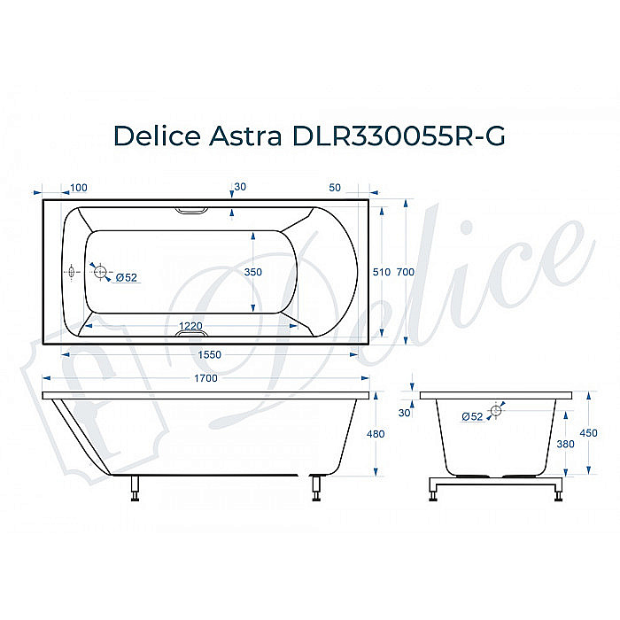 Ванна Delice Astra DLR330055R-G 170х70 белая/ручки хром купить в интернет-магазине Sanbest