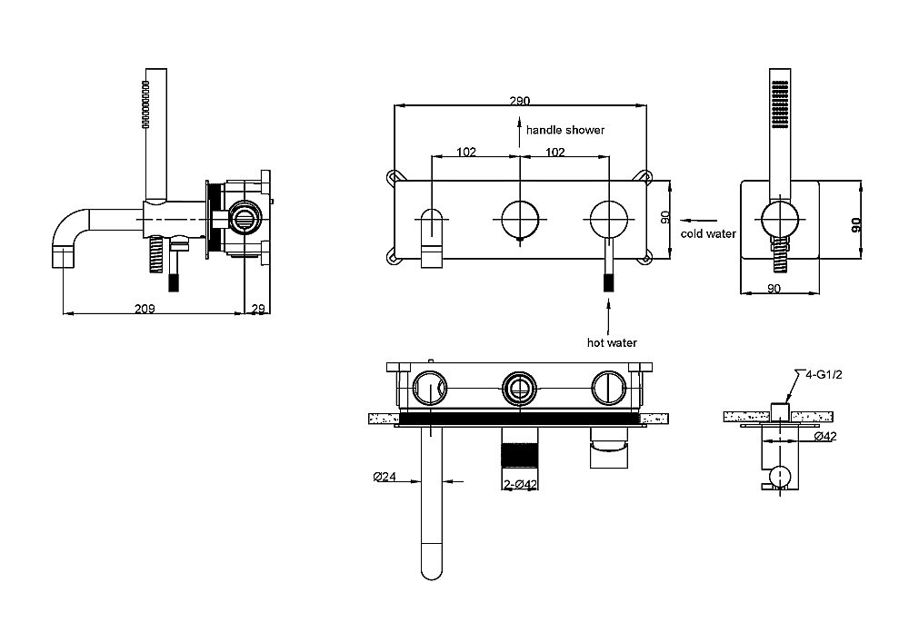 Смеситель для ванны Boheme UNO 464-3-B черный матовый купить в интернет-магазине сантехники Sanbest