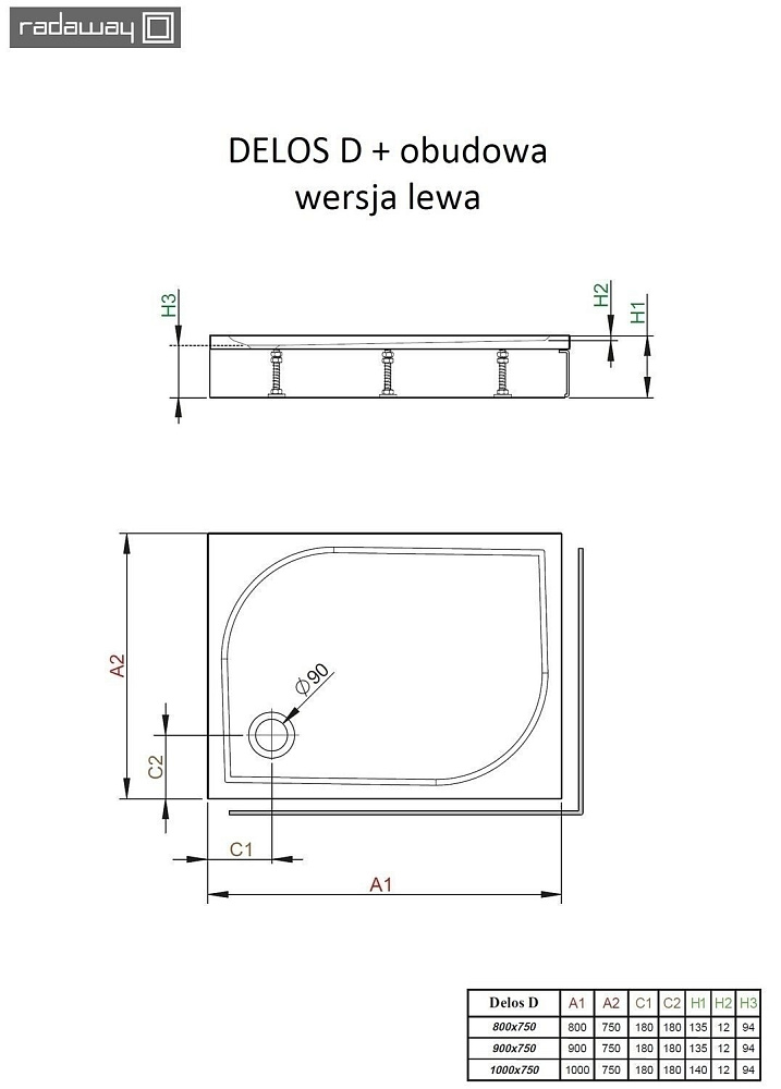 Душевой поддон со съемной панелью Radaway Delos D 90х75 купить в интернет-магазине Sanbest