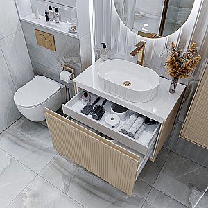 Тумба с раковиной подвесная Grossman КРИСТАЛЛ 80 с 1 ящ, бежевая матовая/столешница белая глянец для ванной в интернет-магазине Sanbest