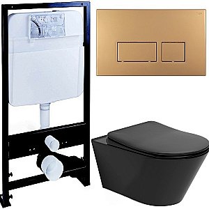 Унитаз Boheme Avva 972-B с инсталяцией и кнопкой 664-G черный/золото, безободковый купить в интернет-магазине Sanbest