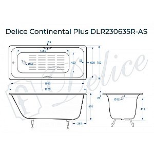 Ванна чугунная Delice Continental PLUS Elite DLR230635R-AS 170х75 белая купить в интернет-магазине Sanbest