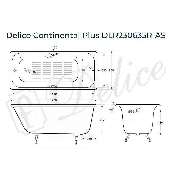 Ванна чугунная Delice Continental PLUS Elite DLR230635R-AS 170х75 белая купить в интернет-магазине Sanbest