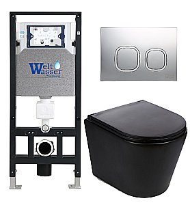 Унитаз подвесной WeltWasser AMBERG 506 + SALZBACH 043 MT-BL + AMBERG RD-CR черный матовый, безободковый, с крышкой микролифт, слив торнадо, с инсталляцией и кнопкой хром глянцевый купить в интернет-магазине Sanbest